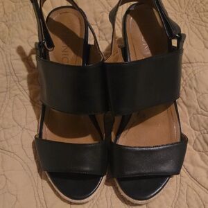 Vionic Black Leather Wedge Sandals